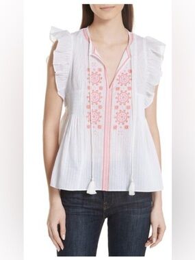 Kate Spade White Embroidered Peasant Top with Pink-Red Accents